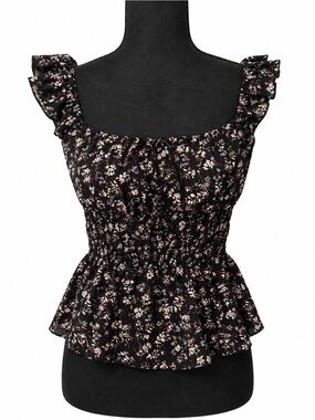 Moa Moa Black Floral Smocked Peplum Tank